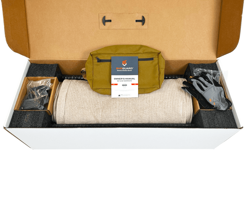 Load image into Gallery viewer, Contents of box of tan evoguard extreme weather barrier product kit