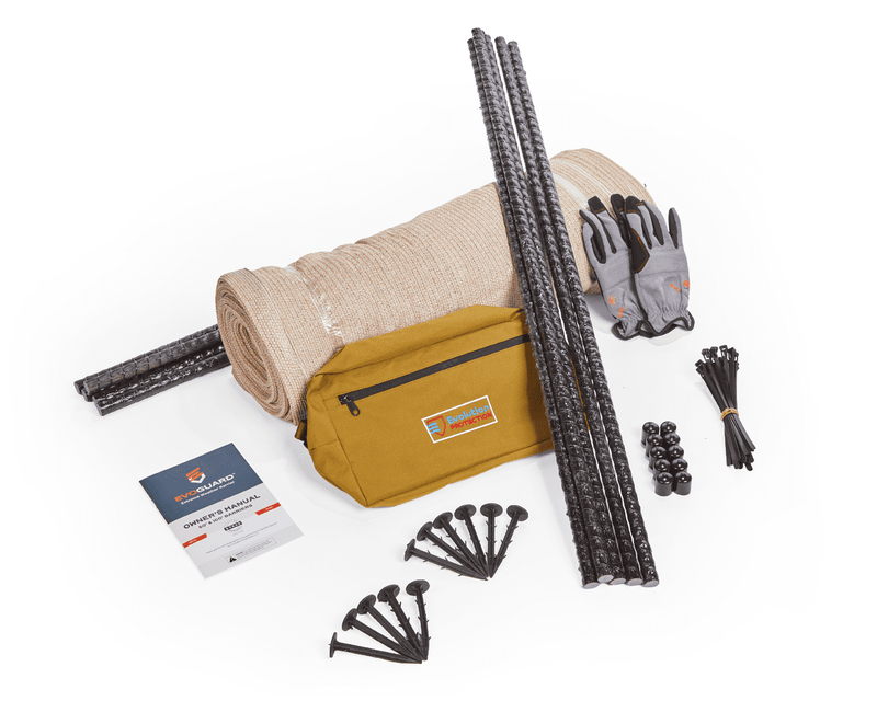 Load image into Gallery viewer, Items that come with evoguard product kit such as gloves, stakes, rolled up weather barrier, guide
