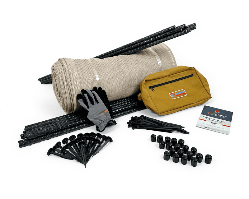 Load image into Gallery viewer, Contents of a evoguard kit such as gloves, stakes, and rolled up weather barrier