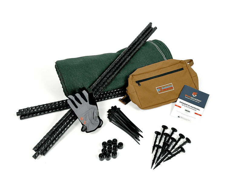 Load image into Gallery viewer, Items in a green weather barrier kit including gloves, stakes, bag and guide