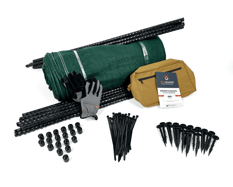 Load image into Gallery viewer, Contents of a evoguard kit such as gloves, stakes, and a green rolled up weather barrier