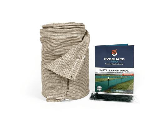 Standing up roll of tan evoguard pro 1x50 next to installation guide