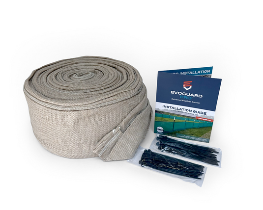 Partially unraveled tan evoguard pro 2x100 next to installation guide