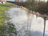 Weather barriers holding back water from a flooded field